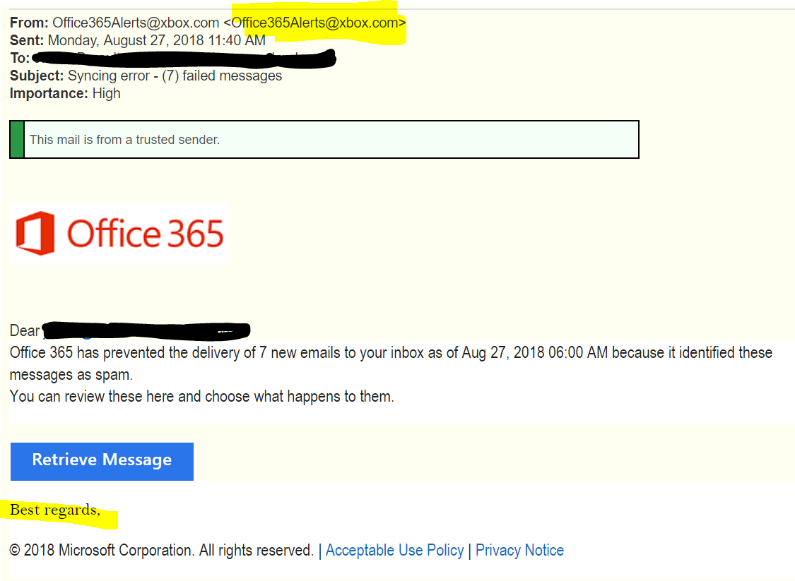 Here we have another example of a phishing or account hijacking attempts where the sender is spoofing an email pretending to come for Office 365. Not exactly a new method…